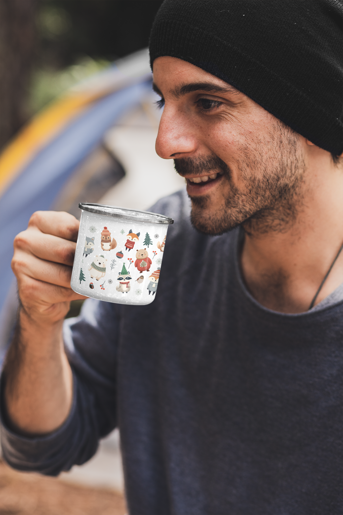 Adorable Cozy Woodland Friends in sweaters and scarves on a silver rimmed enamel camp  style mug