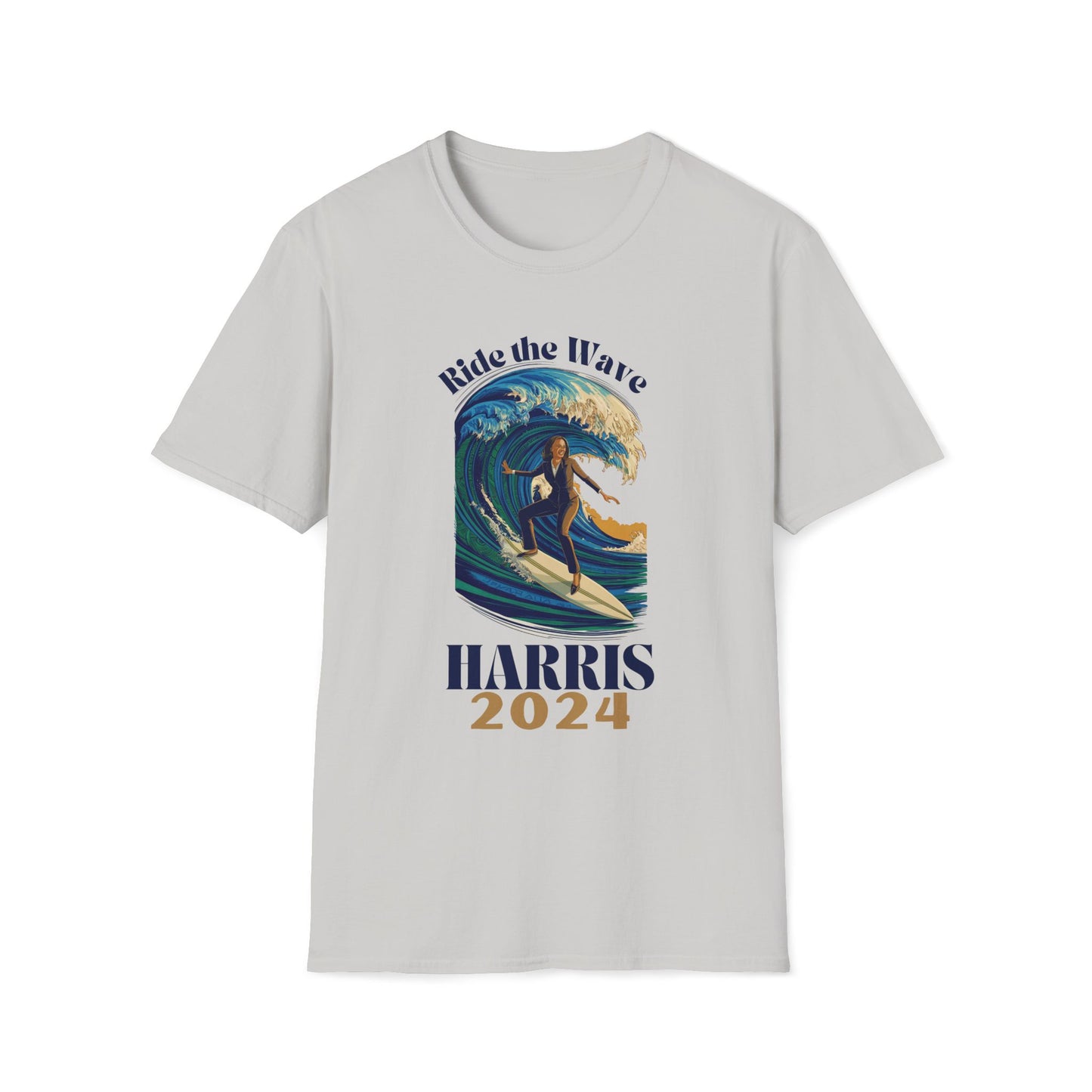 Kamala Harris 2024 Unisex Softstyle T-Shirt, Ride the Wave, Blue Wave Democrat, President, Vice President