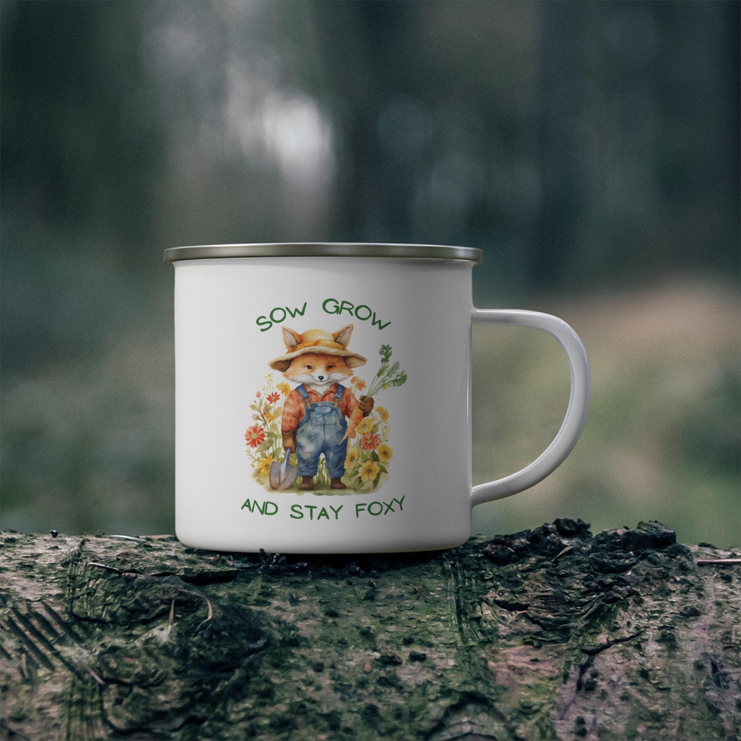 Sow, Grow and Stay Foxy Enamel Camping Mug