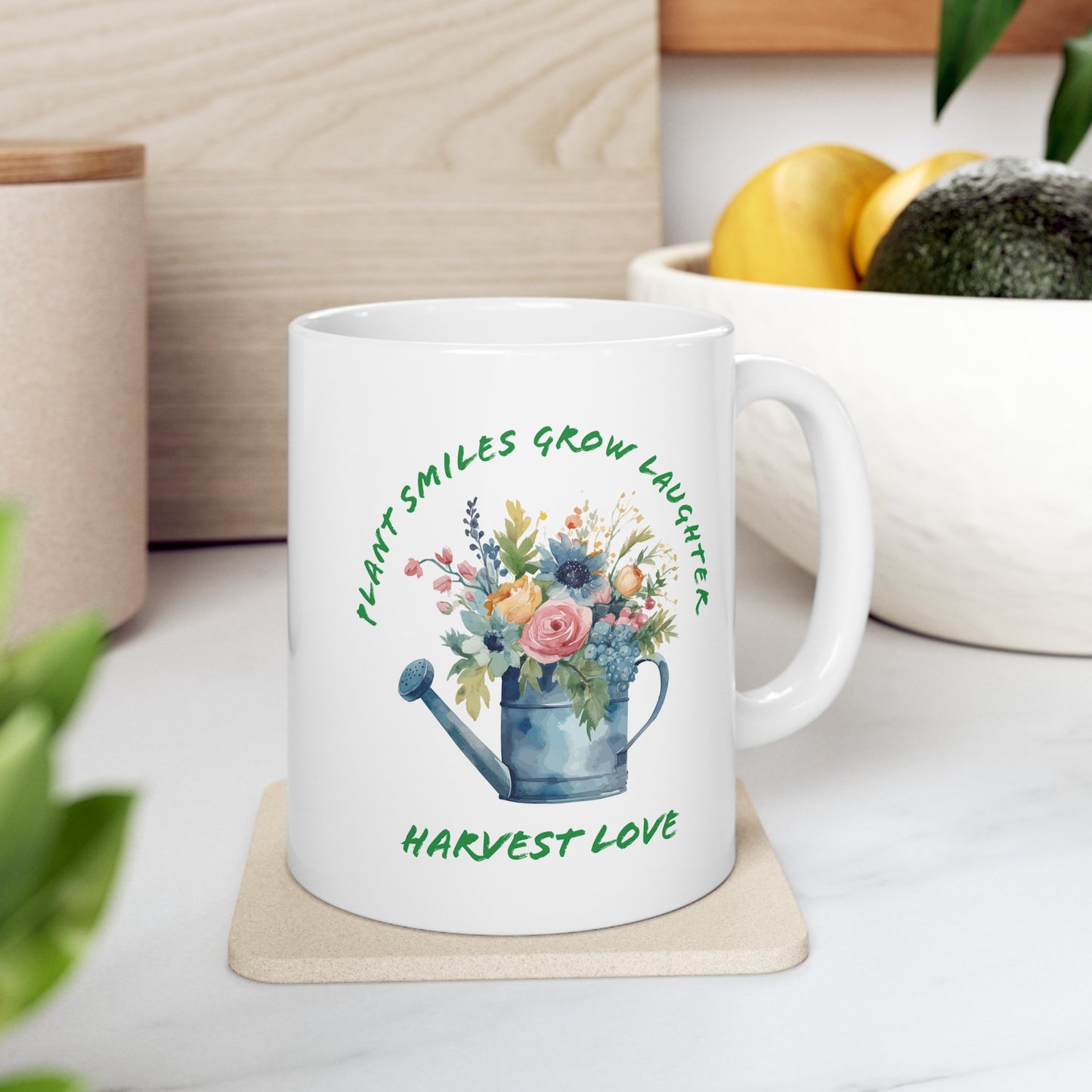 Plant Smiles Grow Laughter Harvest Love Watering Can Ceramic Mug