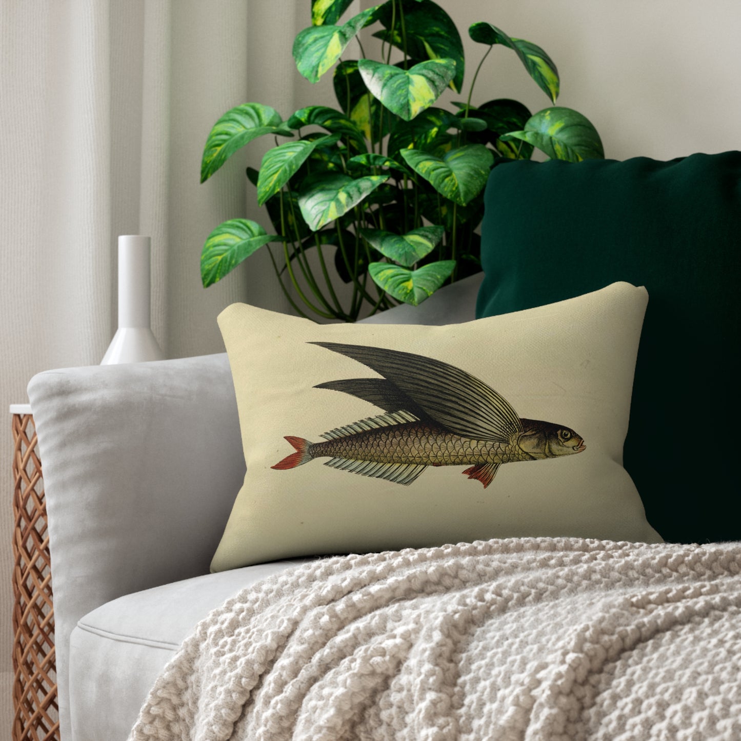 Vintage Illustration Flying Fish Spun Polyester Lumbar Pillow