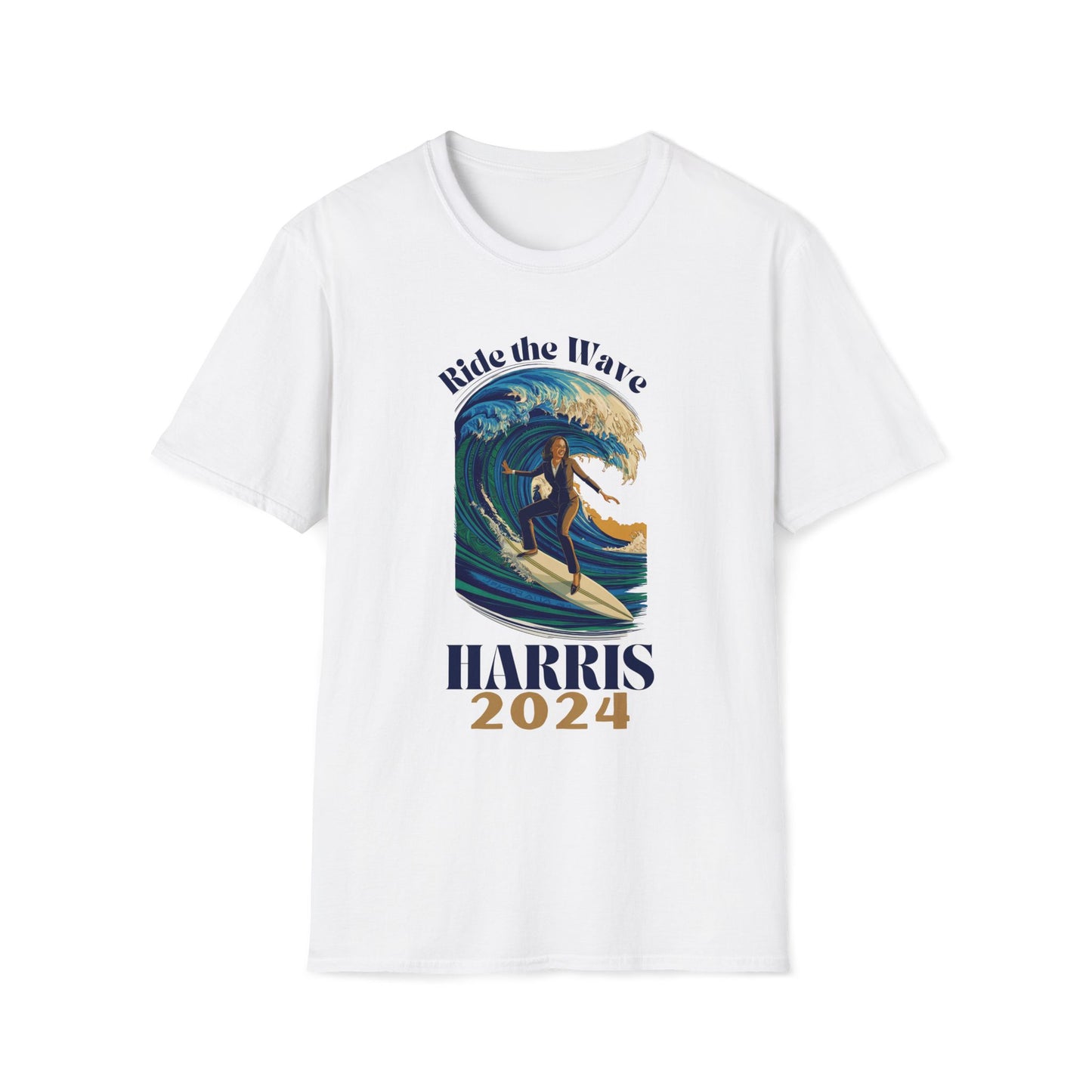 Kamala Harris 2024 Unisex Softstyle T-Shirt, Ride the Wave, Blue Wave Democrat, President, Vice President