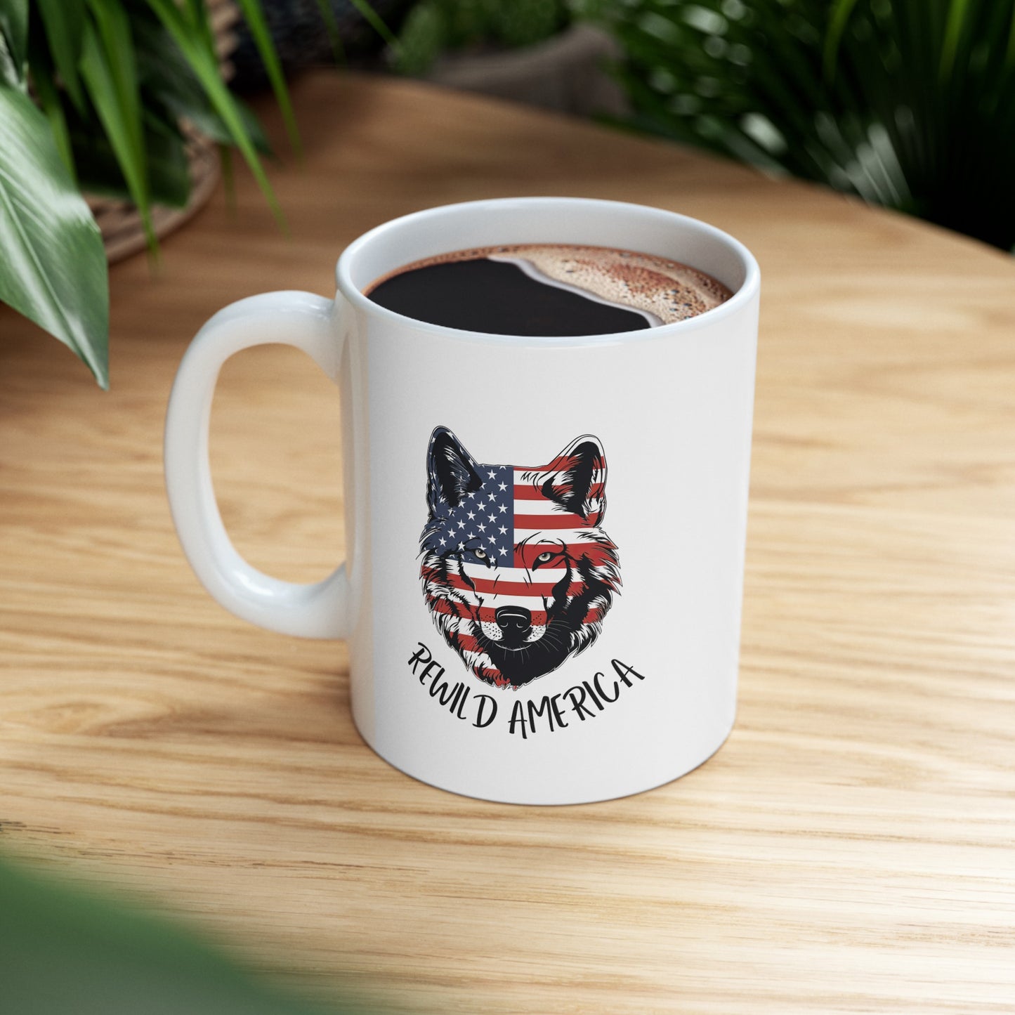 Patriotic Rewild America Wolf Ceramic Mug, (11oz, 15oz)