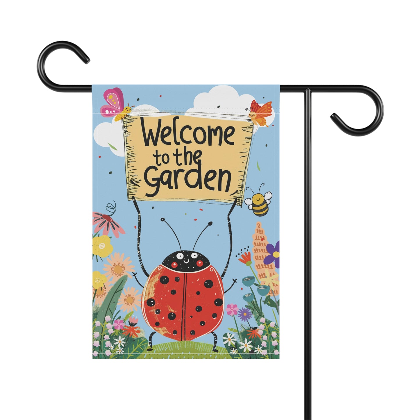 Welcome to the Garden Ladybug Flag, Supercute Yard Art Gift for Gardener, Ladybird Insect and Wildflower Theme Outdoor Decor,