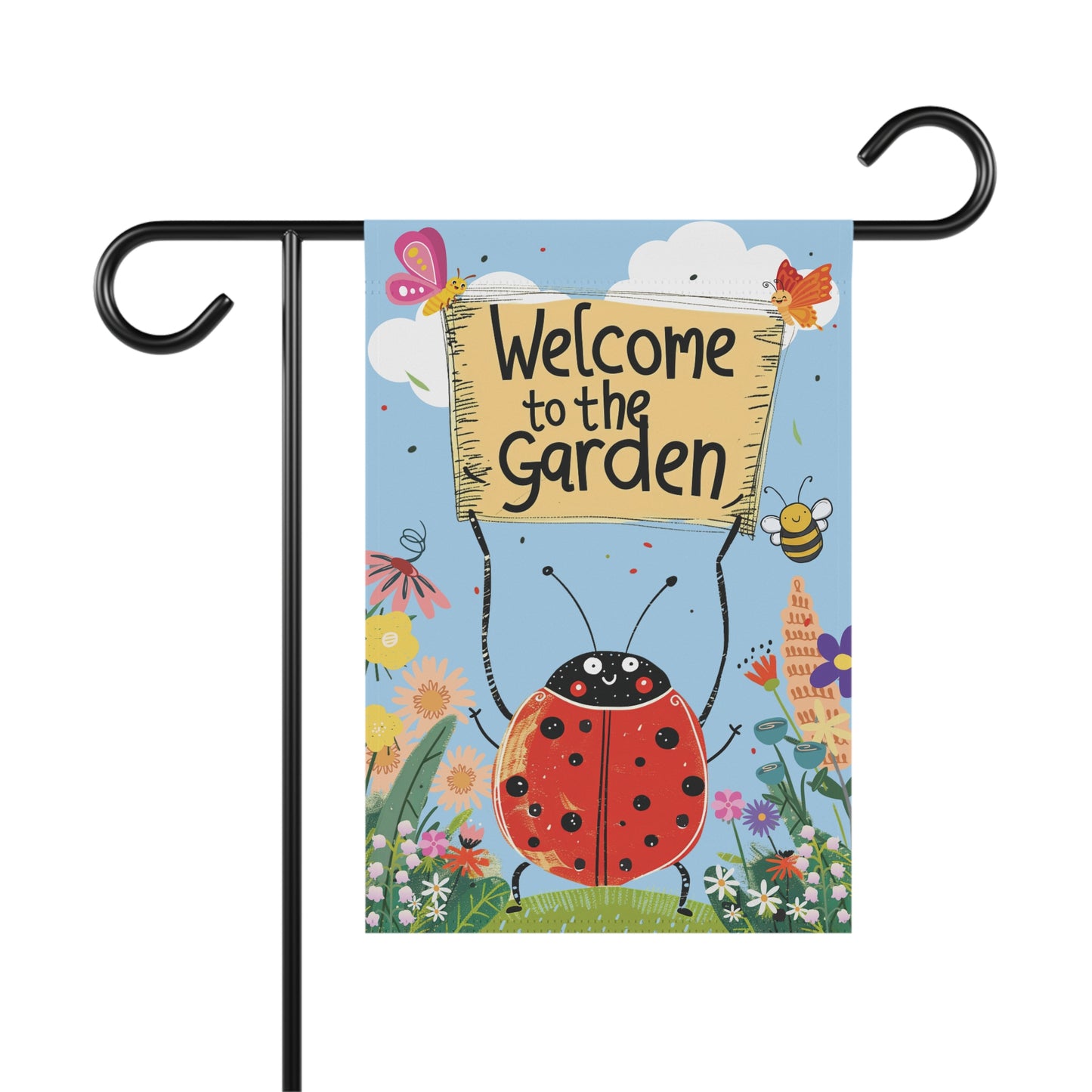 Welcome to the Garden Ladybug Flag, Supercute Yard Art Gift for Gardener, Ladybird Insect and Wildflower Theme Outdoor Decor,