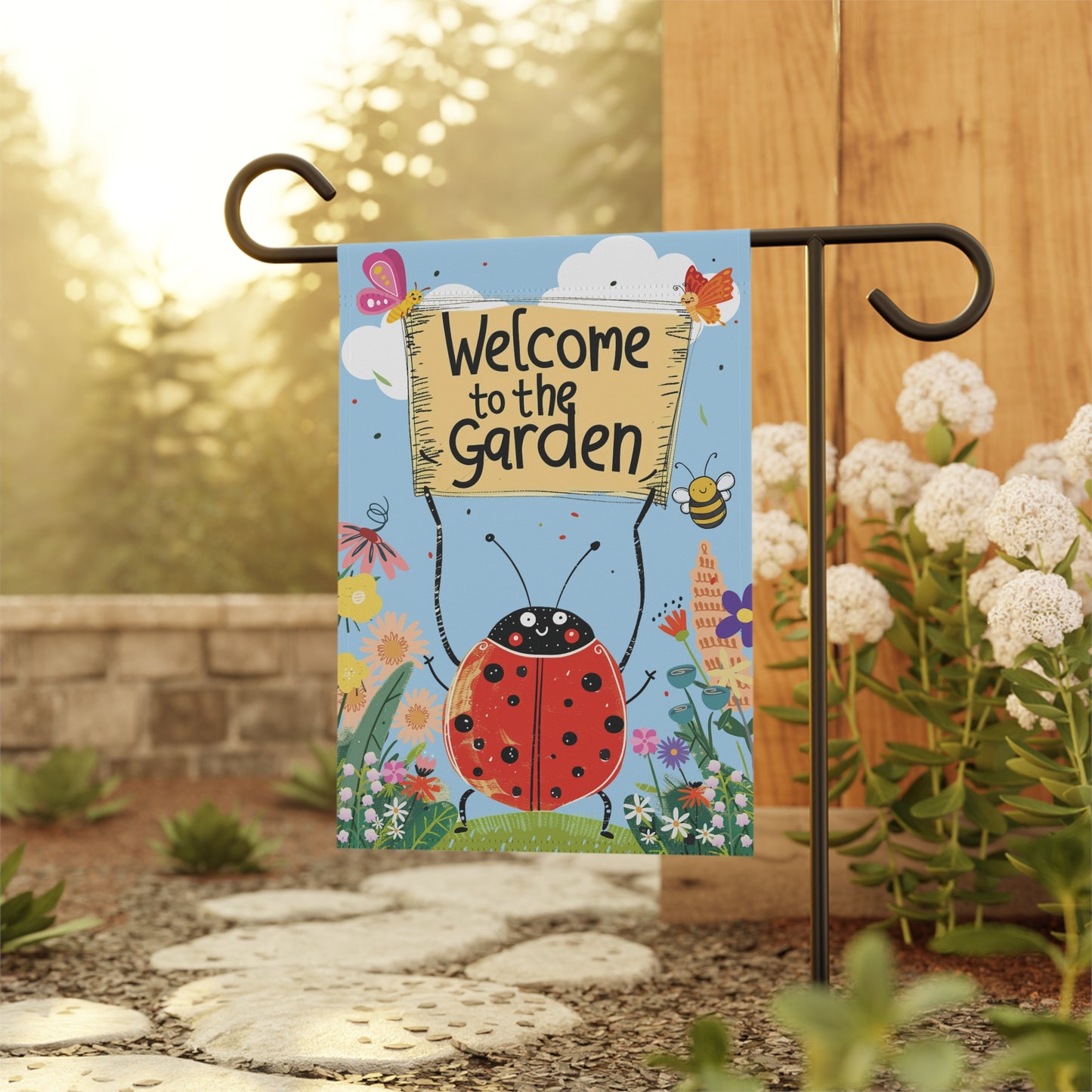 Welcome to the Garden Ladybug Flag, Supercute Yard Art Gift for Gardener, Ladybird Insect and Wildflower Theme Outdoor Decor,