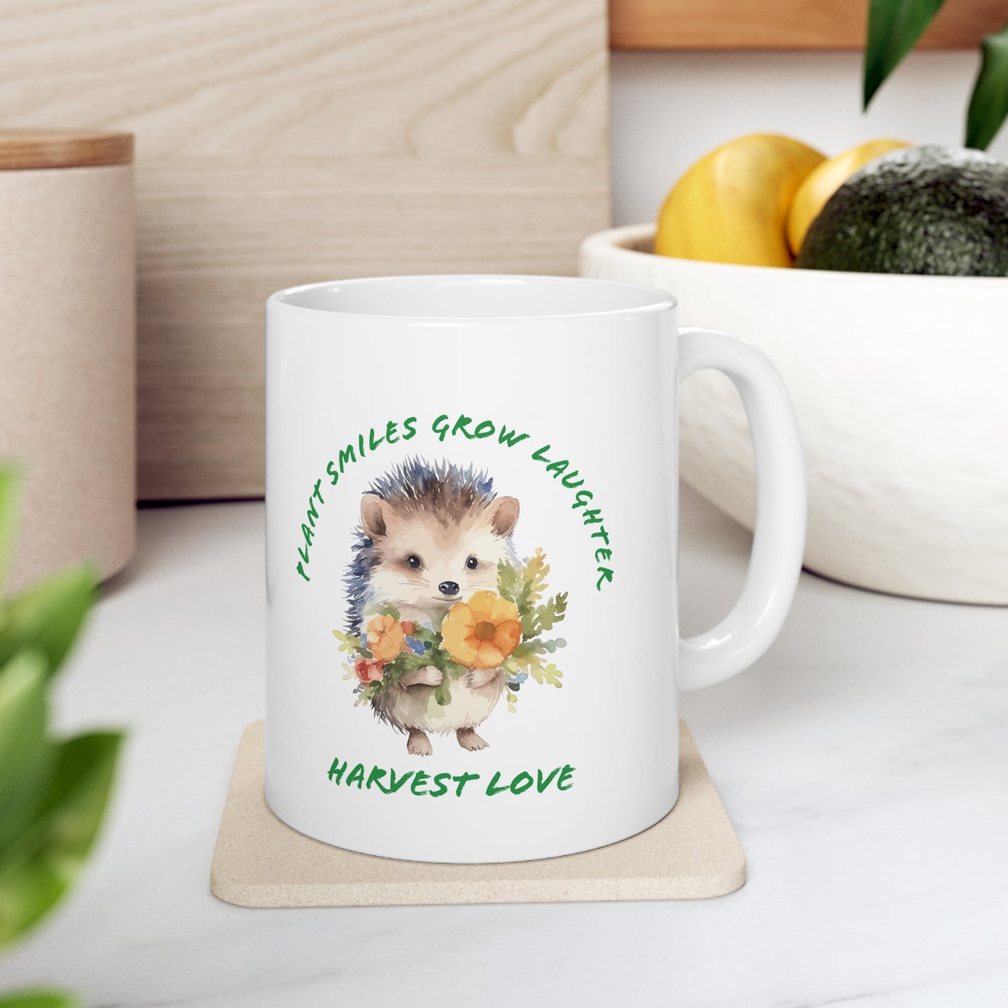 Plant Smiles Grow Laughter Harvest Love hedgehog Ceramic Mug