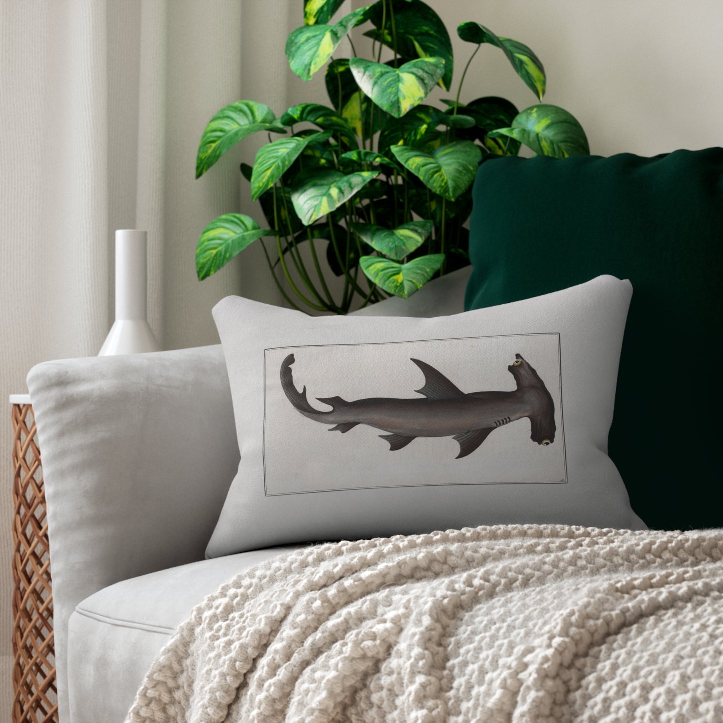 Vintage Illustration Hammerhead Shark Spun Polyester Lumbar Pillow