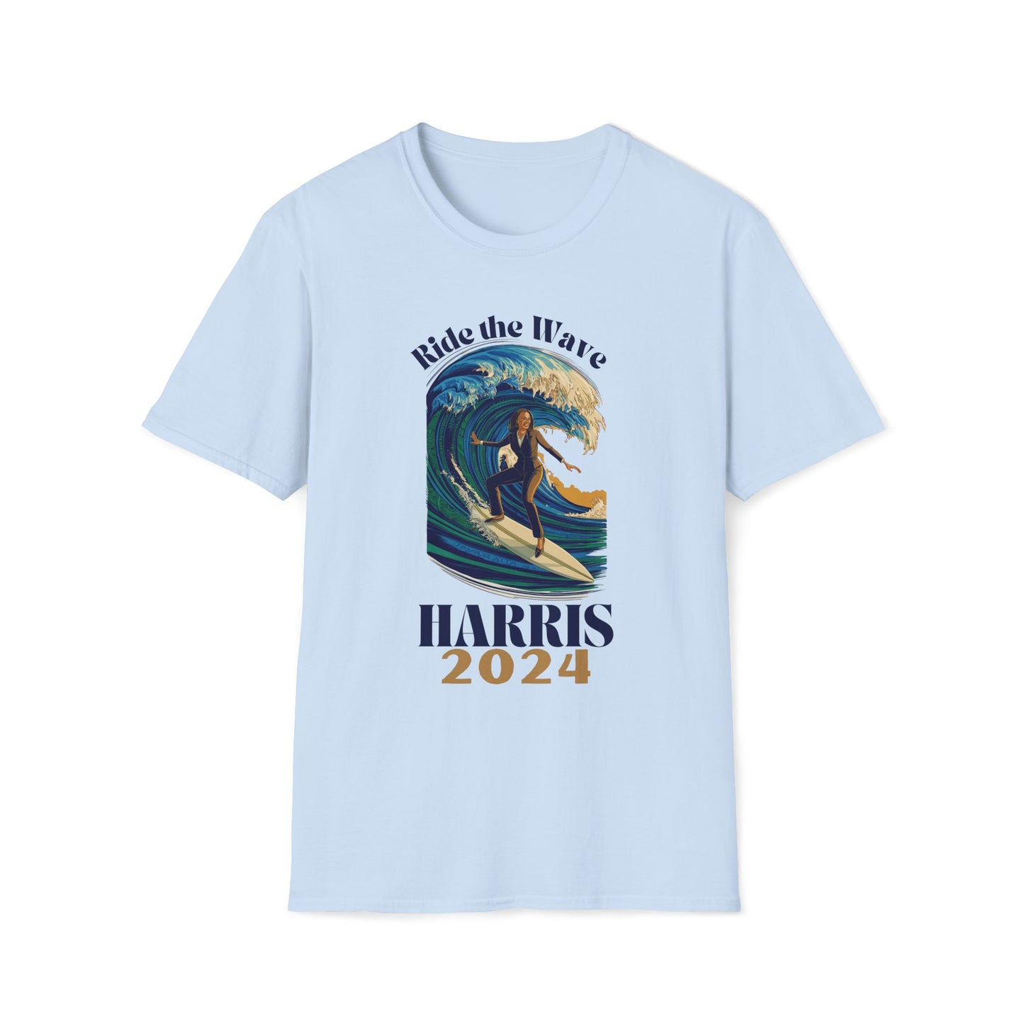 Kamala Harris 2024 Unisex Softstyle T-Shirt, Ride the Wave, Blue Wave Democrat, President, Vice President