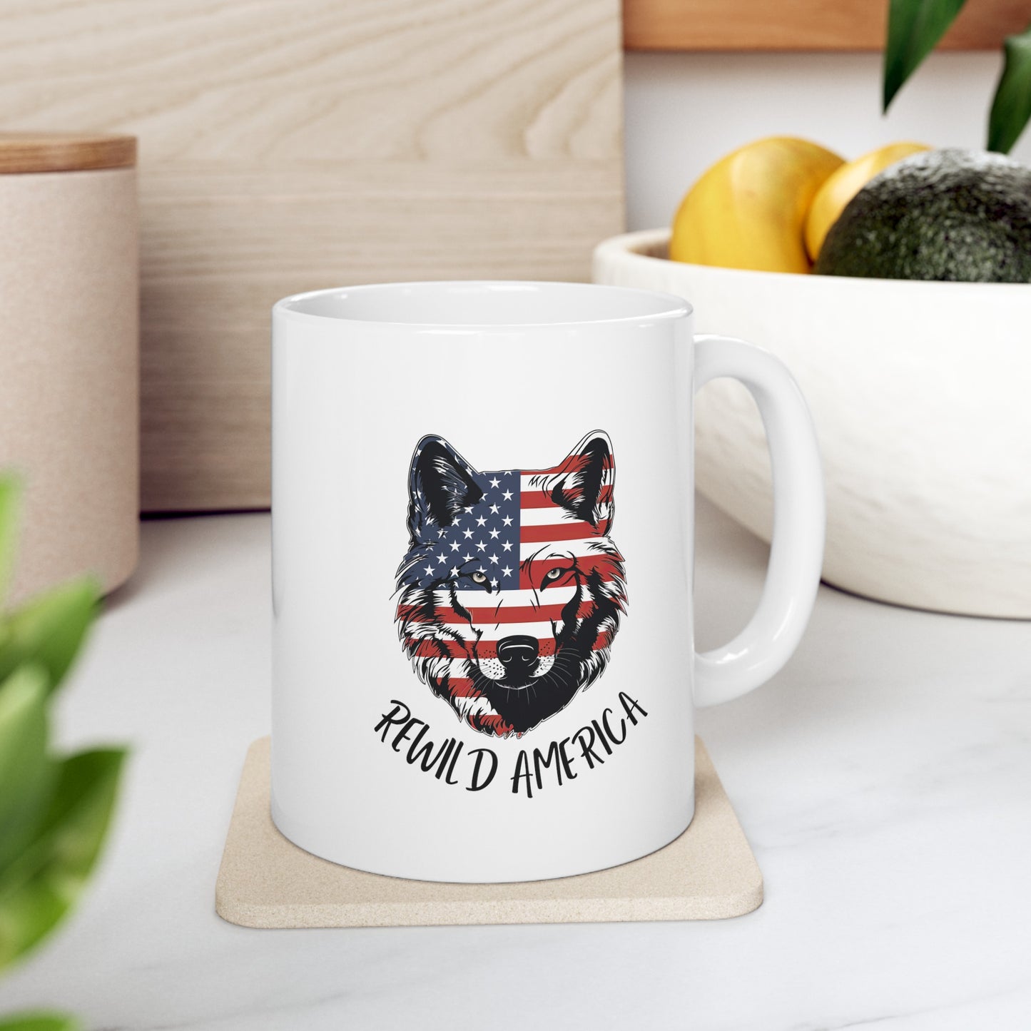 Patriotic Rewild America Wolf Ceramic Mug, (11oz, 15oz)