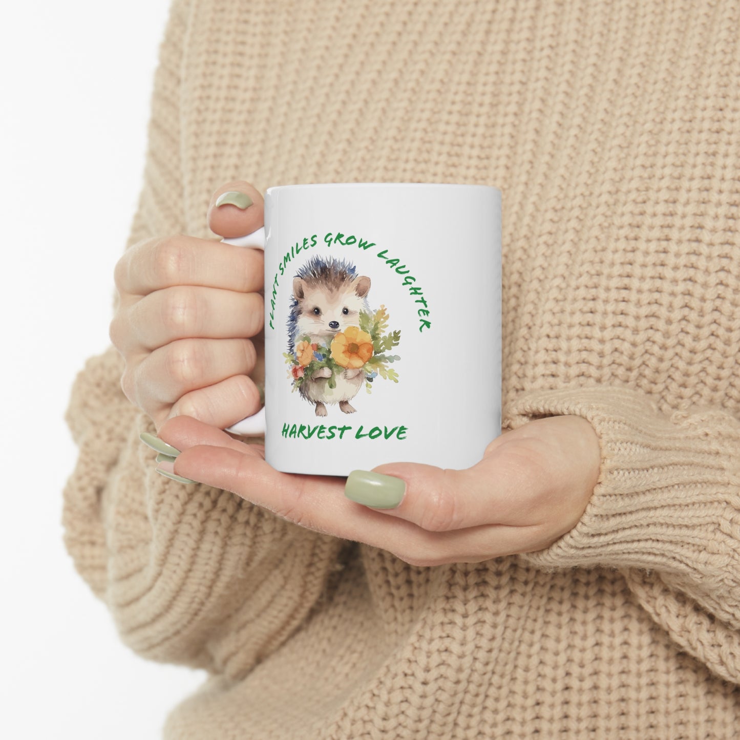 Plant Smiles Grow Laughter Harvest Love hedgehog Ceramic Mug